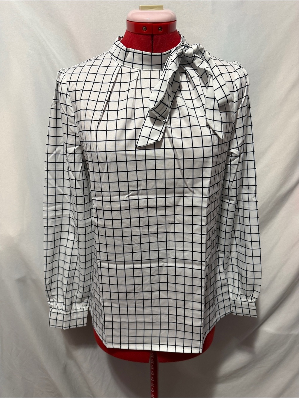 Allegra K White and Black Grid Tie-Neck Dress Shirt